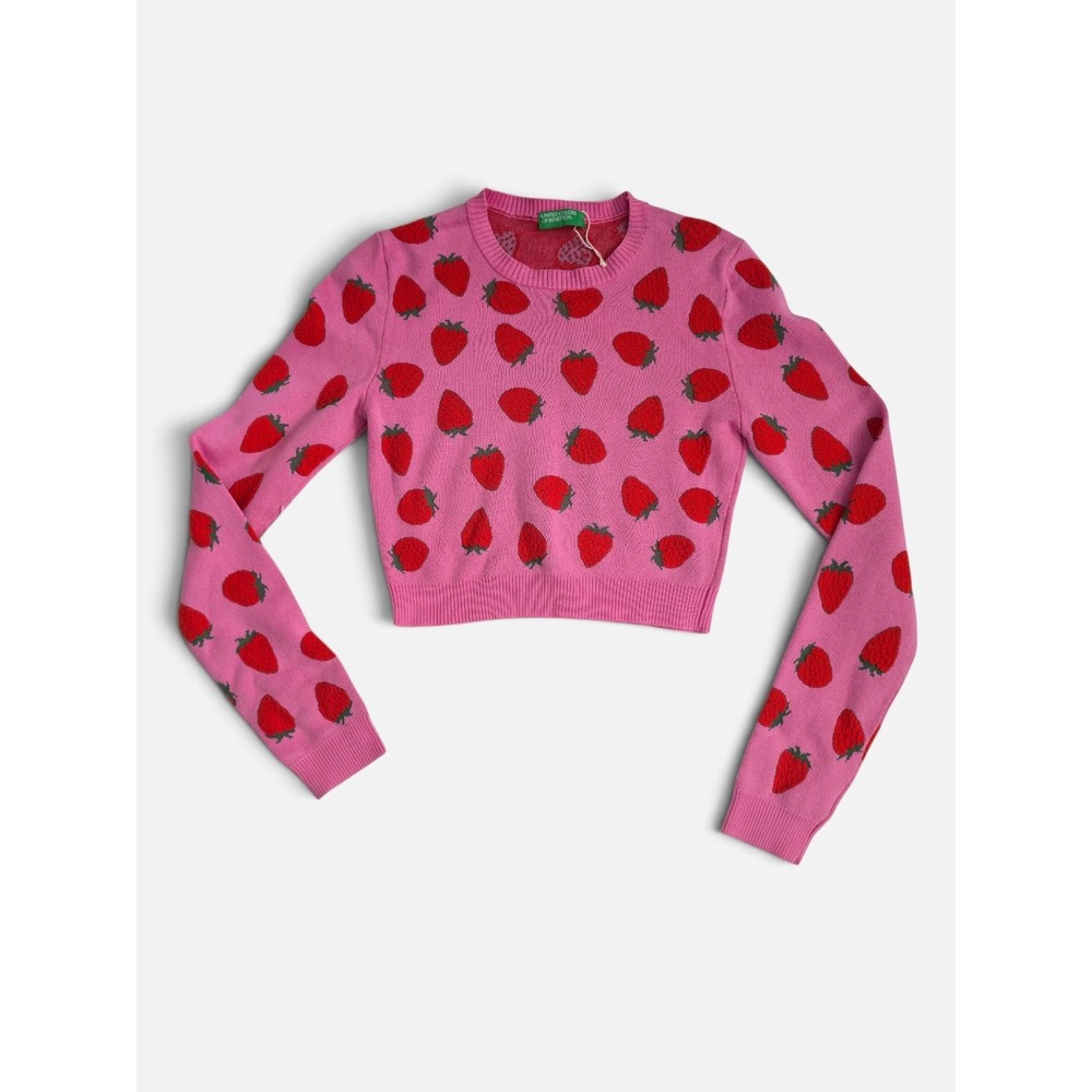 United Colors of Benetton NWOT Pink Strawberry Girl Knit Cropped Sweater Small